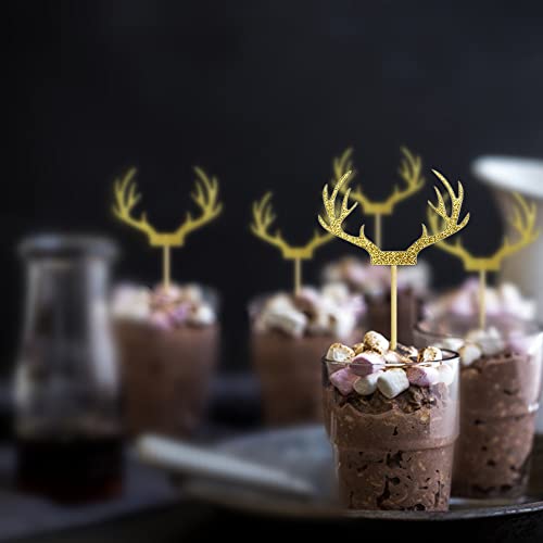 Saktopdeco 20 Counts Gold Deer Antler Cake Topper Glitter Paper Christmas Reindeer Cupcake Toppers Picks For Themed Party Decor Supplies #TOP4