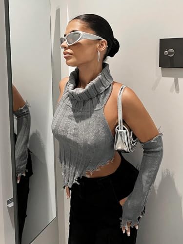 Image of GORGLITTER Women's Turtleneck Sleeveless Asymmetrical Hem Crop Sweater Vest with Arm Sleeves Grey X-Small