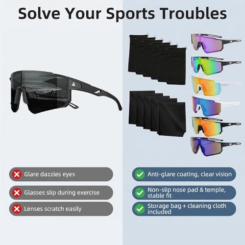 RIRIDAMAI Schnelle Brille Herren Damen, 6 Stück Sport Sonnenbrille, Polarisierte Fahrradbrille mit 6 Aufbewahrungstasche und 6 Brillenputztücher, Laufbrille UV400, Sportbrille für Outdooraktivitäten