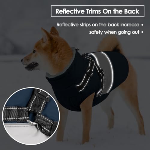 Image of Dog Jacket, Large Dog Coat with Harness Built in, Warm Pet Winter Jacket Zippered Snow Coat with Furry Collar, Waterproof Fleece Snowsuit for French Bulldog, Navy Blue L