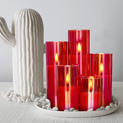 Eywamage 5 Pack Slim Flameless LED Candles in Red Glass Jar with Remote Control, Flickering Battery Operated Christmas Candles Set of 5