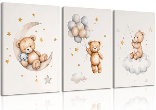 3 Pcs Framed Teddy Bear Nursery Canvas Wall Art Bear Sleeping on The Moon and Stars Wall Decor Pictures Balloon Cloud Neutral Poster Prints for Kids Baby Room Kindergarten Home Decoration 12x16in