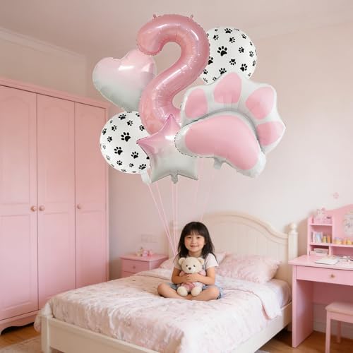 Image of 2nd Birthday Dog Paw Balloons Set,18'' Paw Prints, Heart,Star,Paw Shaped Foil Balloon 40 Inch Pink Number 2 Helium balloons for Puppy Themed Baby Shower Second Birthday Party Decorations Supplies 6PCS