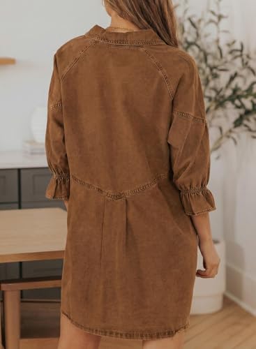 Image of Sidefeel Womens Smocked 3 4 Sleeve Button Down Denim Jeans Dresses
