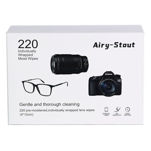 Airy-Stout Lens Wipes for Glasses, 220 Piece Pre Moistened Lens Cleaning Wipes, Individually Wrapped Microfiber Cleaning Cloth, Glasses Cleaner Wipes for Eyeglasses Camera Lens Tablets Phone Screen