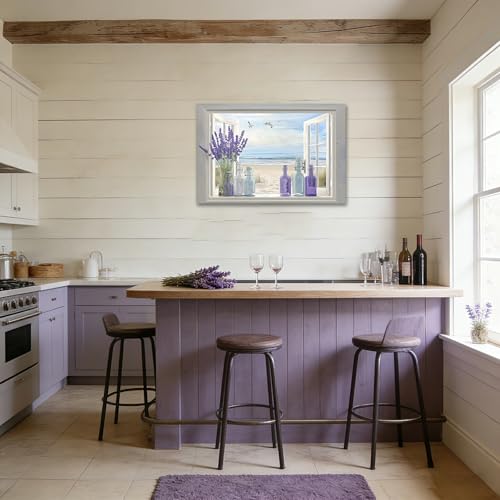 CHAOSETKEN Lavender Wall Art Coastal Landscape Poster Pictures Purple Lavender Floral Canvas Prints Rustic Flowers Paintings for Bathroom Decor Framed (Purple,24L x 36W) by CHAOSETKEN - Used condition - Image 3