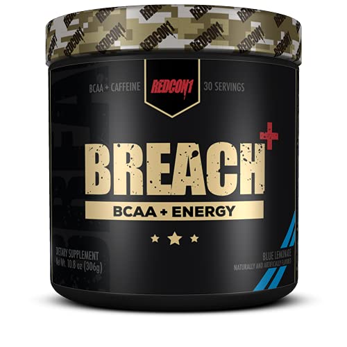 Redcon1 Breach+ Energy (30 Servings) BCAA with Green Coffee Extract, 2:1:1 BCAA Ratio, Increase Recovery, Amino Energy, Strength and Endurance Support (Blue Lemonade)