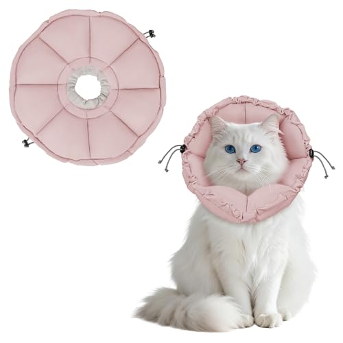 Supet Soft Cat Cone Collar to Stop Licking After Surgery Adjustable Waterproof Recovery Collar for Cats with Silent Material & Flower Design (Light Pink,L)