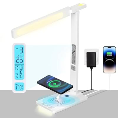 LED Desk Lamp with Wireless Charger: Smart Desk lamp - USB Charging Port, 5-Level Brightness & Color Dimmable, Clock, Alarm, Timer, Date, Temperature. Table Lights for Study Reading Home Office