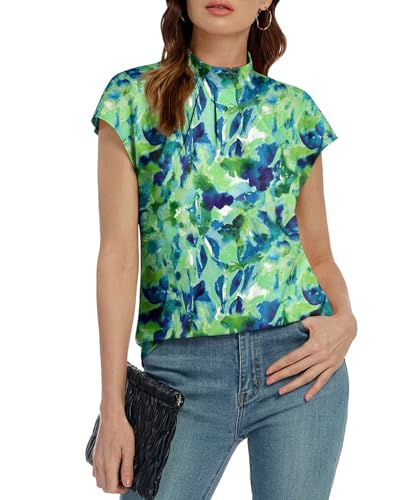 Image of Funlingo Womens Summer Tops Mock Neck Short Cap Sleeve Blouses Business Casual Work Chiffon Shirts Front Pleated Tunic Top