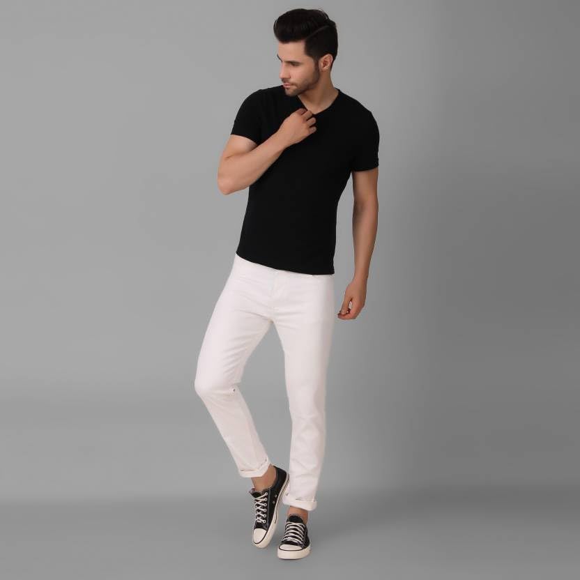 Image of Men Regular Mid Rise White Cotton Blend Jeans | Solid Casual Jeans (28, White)
