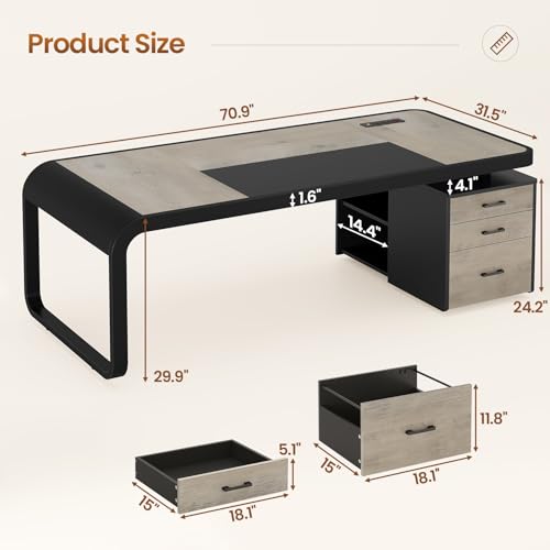 Image of Itaar 70.9 inch Executive Desk, Large Computer Desk with Drawers and Lateral File Cabinet, Office Desk with Removable Shelves, Business Furniture Desk Workstation for Home Office, Gray
