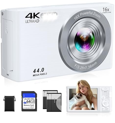 Digital Camera 4K, Autofocus Digital Compact Digital Camera,16X Digital Zoom Upgraded Travel Camera with 64GB SD Card,2 Batteries,Small Camera for Teens Kids Boys Girls,White