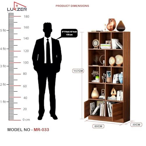 Image of Lukzer 10 Open Cube Bookcase Storage Organizer with 2 Push Latch Doors Cabinet | Engineered Wood Multipurpose Bookshelf Display Rack for Home & Office | DIY Assembly (MR-033 /Oak Brown /157x80x30 cm)