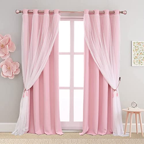SOFJAGETQ Cortinas rosas de doble capa de 90 pulgadas de largo, mezcla y combina cortinas opacas rosas con gasa transparente blanca para dormitorio y sala de estar, cortinas de bloqueo de luz rosa, 52