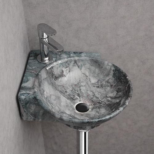 Image of REMOTION Wall Mounted Wash Basin for Bathroom | Wall Hung Corner Sink | Ceramic Round Wall Hung Wash Basin | Wall Hung Small Corner Basin (16.3 x 13.8 x 4.3 Inch) (Marble Blue)