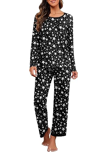 Image of PrinStory Womens Pjs Long Sleeve Casual Loungewear Set Comfy Top And Full Lenght Pants Sleepwear Nightwear Floral Print White Stars Black Pjs Set 2Pcs (FP White Star, XL)