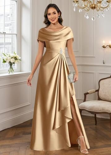 Satin Mother of The Bride Dresses for Women Long Ruffles Formal Evening Gown with Slit2