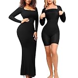 Popilush Maxi Bodycon Dress Built in Bra Bodysuit for Women Long Sleeve Square Neck 8 in 1 Black Spa