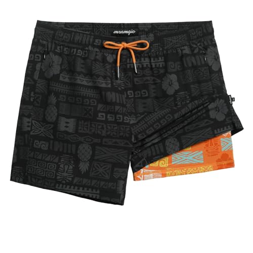 MaaMgic 5" Mens Swim Shorts with Compression Liner 4-Way Stretch Bathing Suit Swimming Shorts 2 in 1 Men's Swim Trunks with Zipper Pockets Quick Dry,Black Traditional Pineapple,L