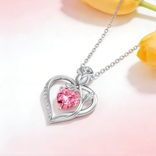 Image of 1.2CT Rose Heart Necklace Option of Moissanite or Lab-Grown Sapphire Ruby Emerald Necklace for Women Birthstone Girlfriend Necklace S925 Sterling Silver 18K White /Rose Gold Plated D Color VVS1 Gift for Wife Mother Daughter for Birthday Anniversary Christmas Engraved 'I Love You'