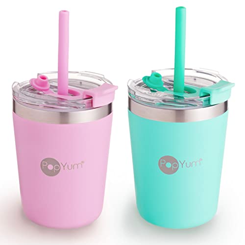 Image of PopYum 9oz Insulated Stainless Steel Kids’ Cups with Lid and Straw, 2-Pack, Green, Pink, stackable, sippy, baby, child, toddler, tumbler, double wall, vacuum, leak proof