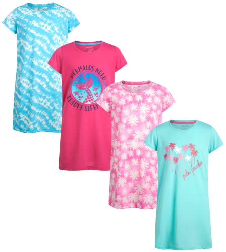 Rene Rofe Girls' Pajamas - Short Sleeve Sleep Shirt Nightgown (4 Pack), Size 10/12, Rose Mermaid/Aqua Palm #TOP22