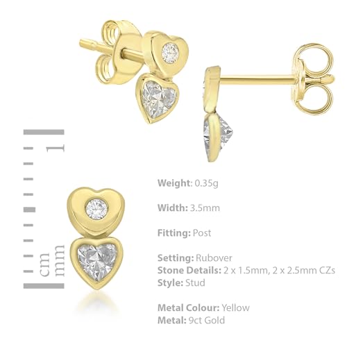 Boucles d'oreilles double cœur or jaune 9 ct avec oxyde de zirconium