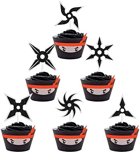 18 pcs Ninja Happy birthday Cupcake Toppers Decor Kit - kung fu ninja Darts theme Samurai Birthday Party Decorations