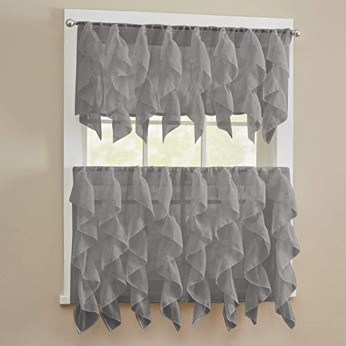 Image of Sweet Home Collection 3 Piece Kitchen Curtain Set Sheet Vertical Cascading Waterfall Ruffle Includes Valance & Choice of 24 inch or 36 inch Teir Pair, Tier, Sheer Gray