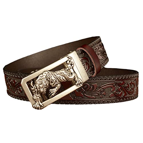 Ratchet Embossed Leather Belt For Men - Silvery Animal Auto Click Sliding Buckle, Adjustable Handmade Waist Strap2