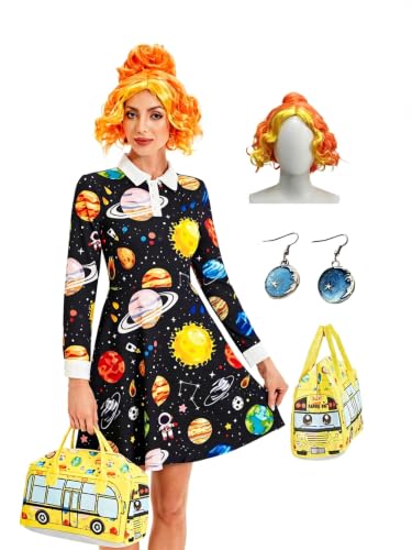 Leevuyu Women Halloween Costume Science Teacher Planet Dresses Black 3XL