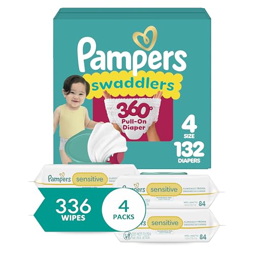 Pampers Swaddlers 360 Pull-On Diapers, Size 4, 132 Count, with Sensitive Baby Wipes, 4 Flip-Top Packs (336 Wipes Total) [Packaging May Vary]