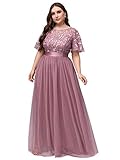 Ever-Pretty Women's Short Sleeve Sequined Tulle Plus Size Prom Party Dresses for Women Formal Gowns Orchid US26