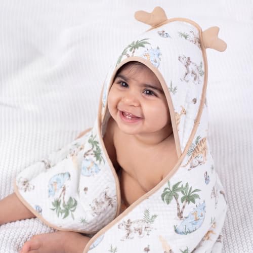 Image of haus & kinder Baby Hooded Wrapper for Newborn | 8 Layer Muslin Cotton Hooded Towel & Blanket with a Belt | Baby Towels for Infants & Toddler | 90 x 90 cm | Wildlands | 0-12 Months