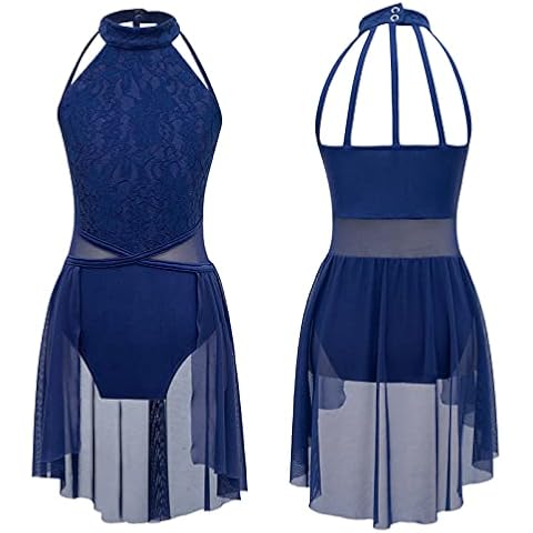 Aislor Kids Girls Sequins Ballet Dance Dress Lyrical Dancewear Ballroom Gymnastics Camisole Modern Contemporary Costume Dark Blue B 13-14 Years Cover