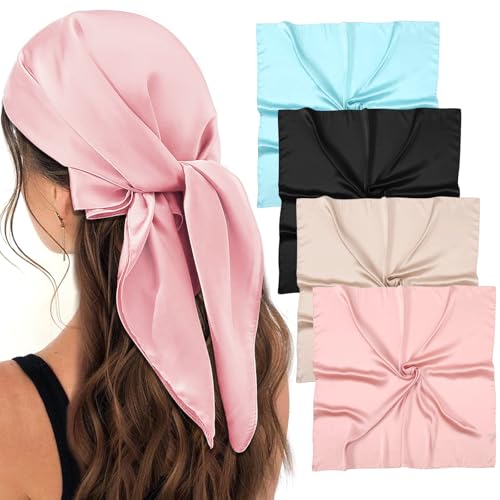 4Pcs 27.5 Inch Satin Square Head Scarf Silk Scarf Fashion Lightweight Neck Scarf Bandanas Sleeping Head Wraps For Women (Sky Blue+Black+Champagne+Pink) - Main Image