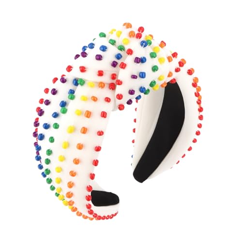 YISSION Rainbow Beaded Knotted Wide Headband for Adults - Colorful Pride Festival Hair Accessory for Parties Celebrations & Daily Wear