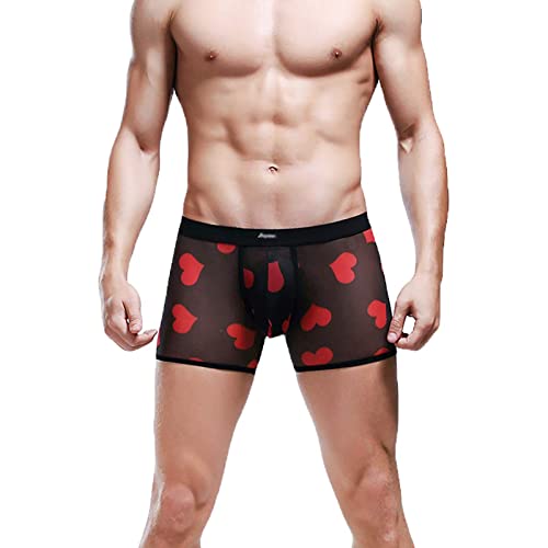 Evankin Men's Sexy Mesh Boxer Briefs Hot Lip Transparent Lingerie Red Heart Print Mesh Transparent Bulge Pouch Underpants(43Blackh,L) #TOP1