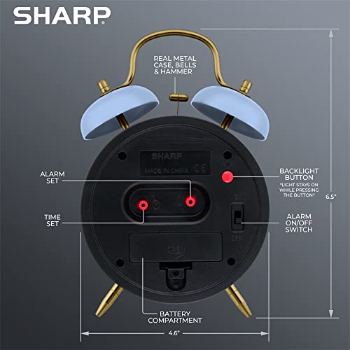 Sharp Twin Bell Alarm Clock, Loud Alarm Great For Heavy Sleepers - Stylish Matte Finish With Rustic Bronze Accents, Battery Operated (Matte Cornflower Blue) #TOP2