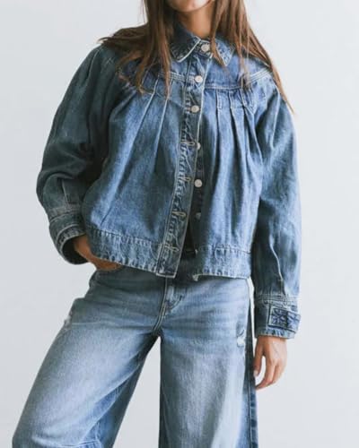 Womens Cropped Denim Jacket Long Sleeve Collared Button Down Pleated Jean Jckets with Pockets2