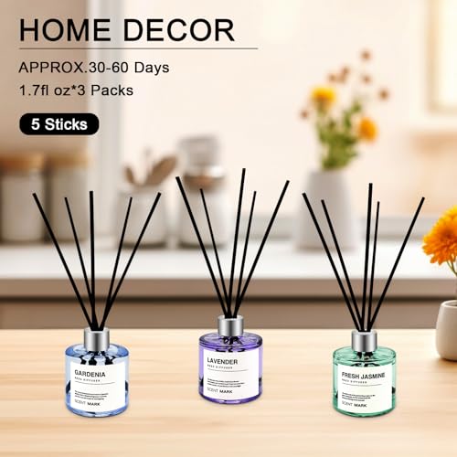 POWSHELF Reed Diffuser Set of 3 Pack,50ML Lavender Jasmine Gardenia Scented Oil Diffuser with 5 Sticks,Home Fragrance Reed Diffuser for Bedroom Bathroom Office (Lavender/Jasmine/Gardenia)