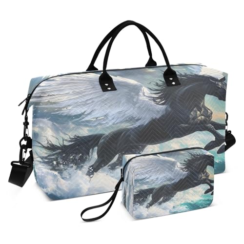 Weekender Bags Travel Duffel Gym Bag Winged Horse Carry on Overnight Tote Bag with Toiletry Bag for Airplane Travel Trip Gym Yoga
