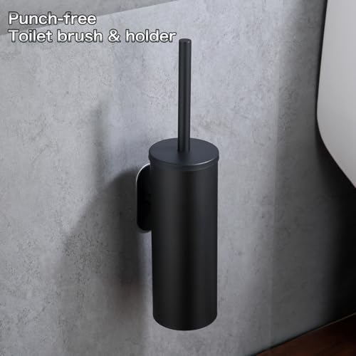 Image of 1PCS Heavy Duty Adhesive Toilet Brush Holder - No Drilling Required Bathroom 304 Stainless Steel, Rounded Brush Head Cleans More Thoroughly for Bathroom (Black)