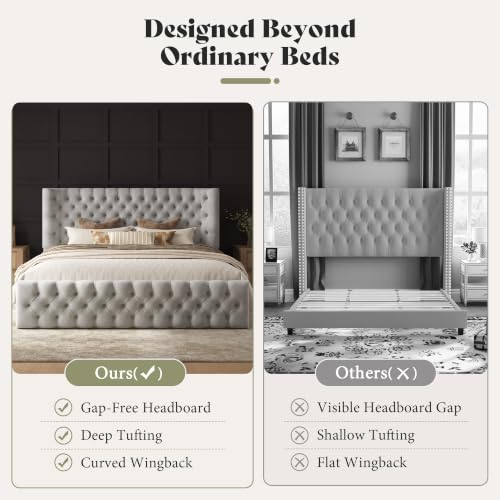 Image of AMERLIFE King Upholstered Bed with Headboard, Wingback, Grey Velvet