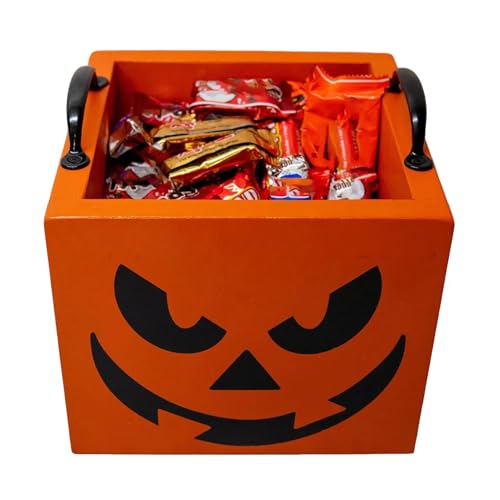 ハロウィンキャンディボックス, 木製スクエアギフト箱 6.3x6.97x6.97インチ, 子供大人家庭集まりパーティーギフト, 教室家庭用ハロウィンイベント用 + オレンジ