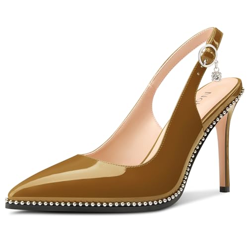 Image of NobleOnly Slingback Beaded Pumps for Women High Stiletto Heel Pointed Toe Slip-on Dress Sandals Adjustable Buckle Rhinestone Patent Leather 3.9 Inches Heels