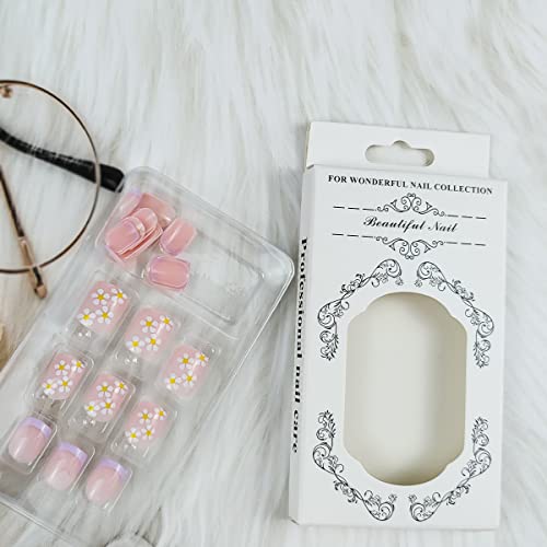 French Purple Tips Press On Nails Fake Nails Acrylic False Nails With White Flower Nails Glossy Short Square Nails Pink Primer Summer Full Cover Fake Nails For Women And Girls 24Pcs #TOP3