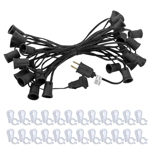 25Ft C9 Christmas Light Stringer Outdoor String Light Strand with 25 Sockets & Clip Hooks 12 Spacing E17 Intermediate Base End to End Connectable for Patio Holiday Party Xmas Decor Black Wire