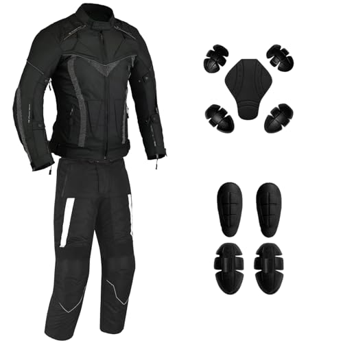Men’s CE Armoured Waterproof Motorcycle Suit (Jacket & Pants) with Touchscreen Leather Riding Gloves | All-Weather Cordura Motorbike Gear Set, Windproof Protective Biker Suit (Black, 4X-Large)